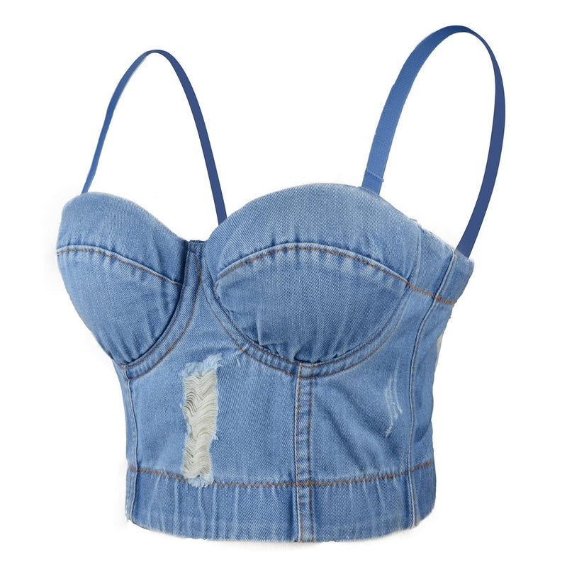 ELLACCI Women's Destructed Denim Bustier Crop Top Jeans Corset Top Medium - Image 1